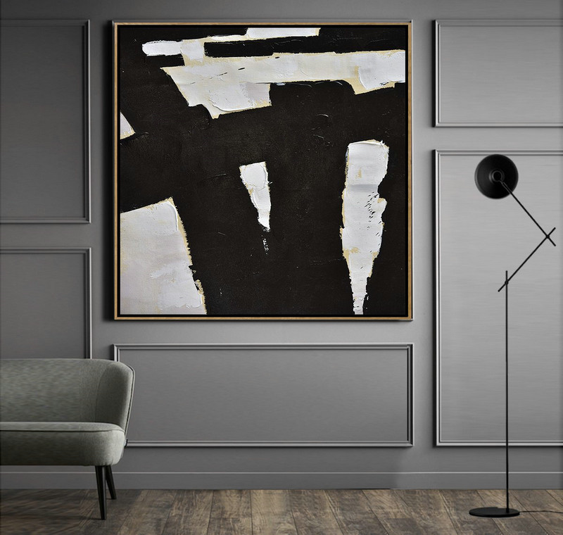 Large Abstract Painting,Handmade Minimal Art Palette Knife Canvas Painting, Black White Beige - Extra Large Wall Art